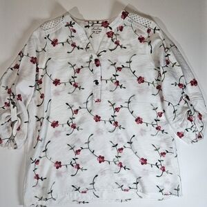 Anneliese Embroidered Blouse Womens Medium White Pink Floral Cottagecore Boho